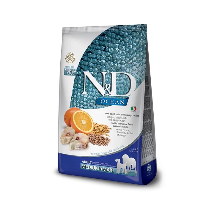 Farmina N&D Ocean Low Grain Adult Medium Maxi Merluzzo Farro Avena E Arancia 2,5 Kg