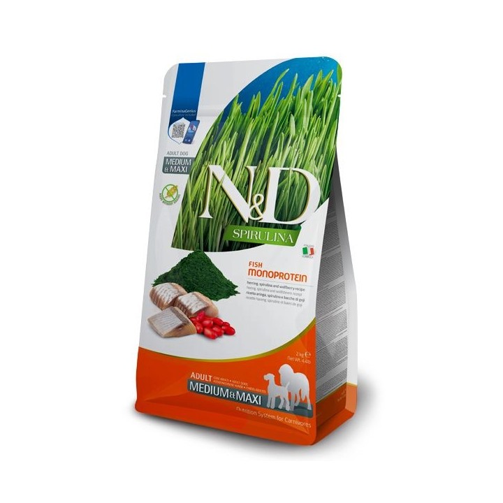 Farmina N&D Spirulina Grain Free Adult Medium-Maxi Aringa, spirulina e bacche di goji 7 kg