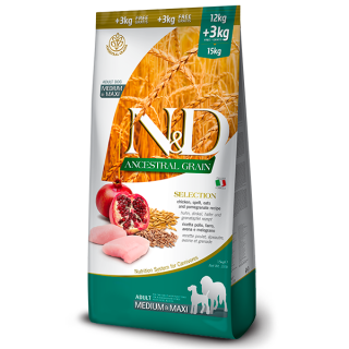 Farmina N&D Ancestral Grain Adult Selection Medium/Maxi Pollo, avena e melograno kg 12+3