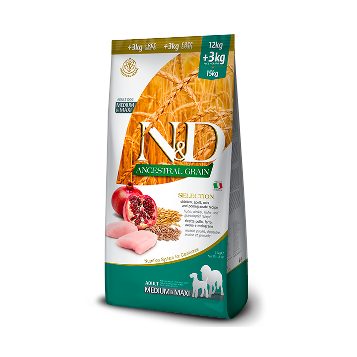 Farmina N&D Ancestral Grain Adult Selection Medium/Maxi Pollo, avena e melograno kg 12+3